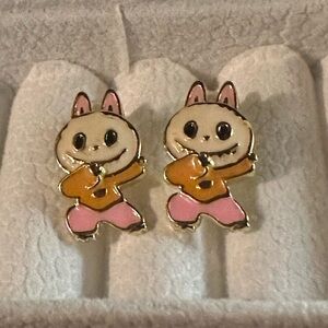 14K Gold Yoga Labubu Monster Theme Enameled Stud Character Earrings Kawaii Anime
